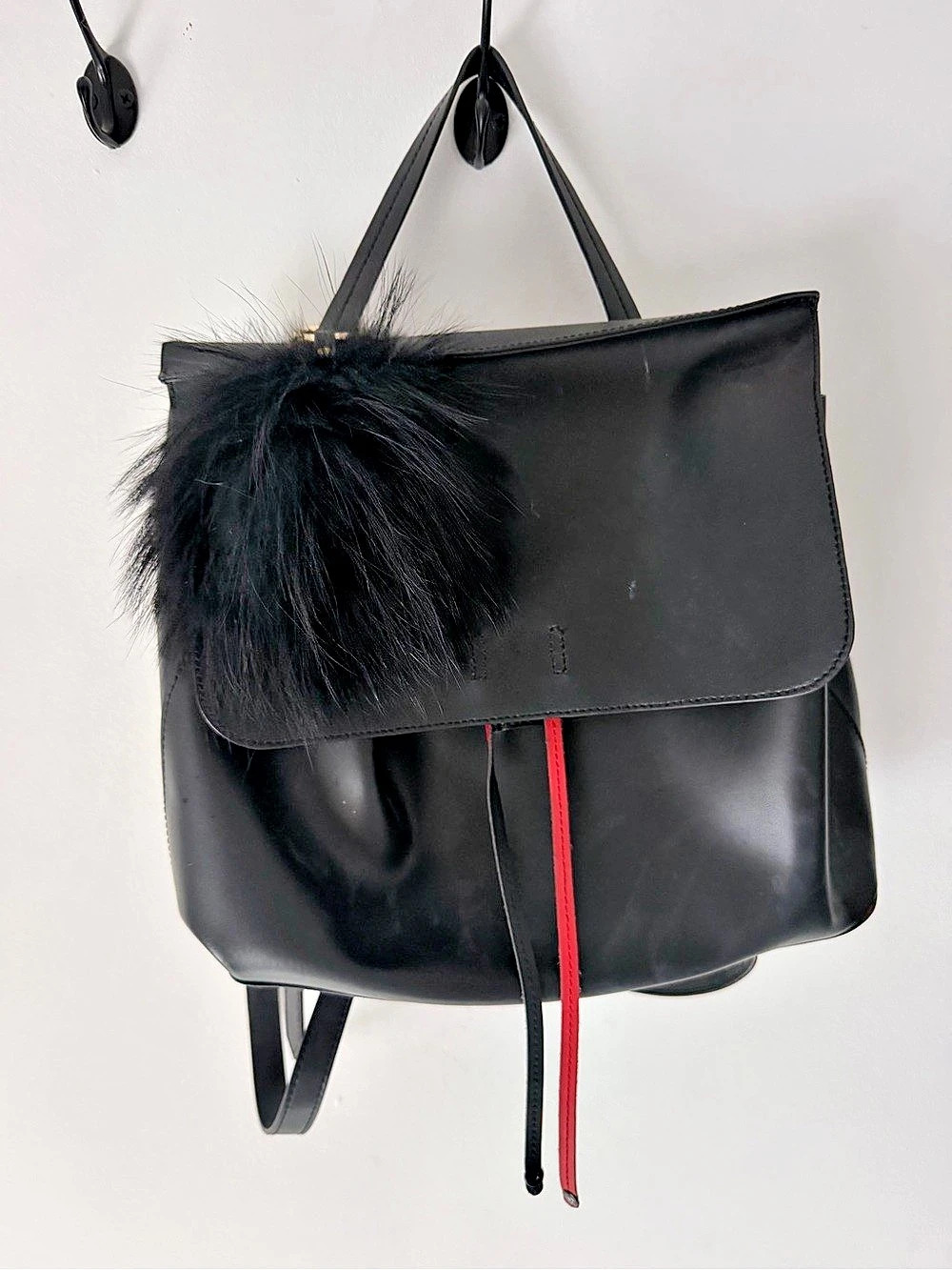 Margot Faux Fur Detail Convertible Backpack in Black & Red